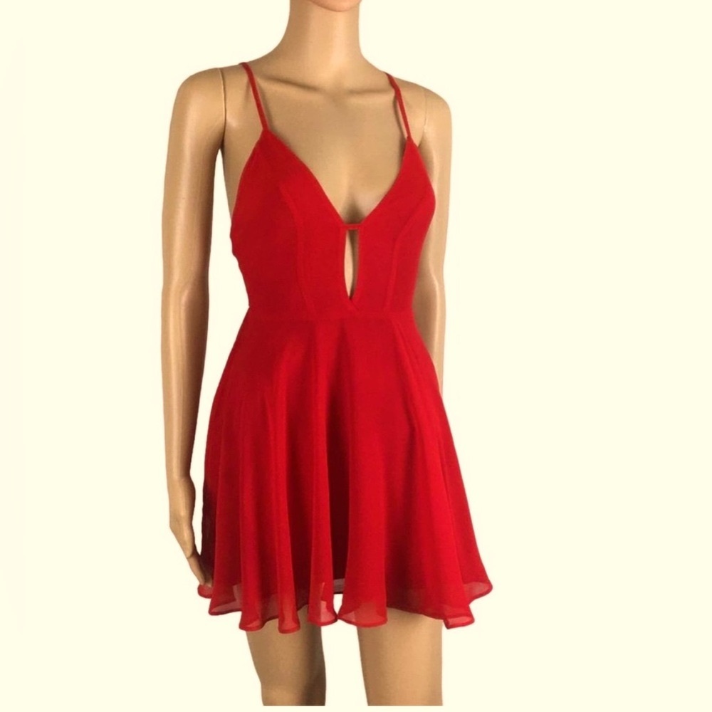 NWT Bebe Mini Red Skater Dress Cross Back Chiffon Deep V Keyhole Size 8